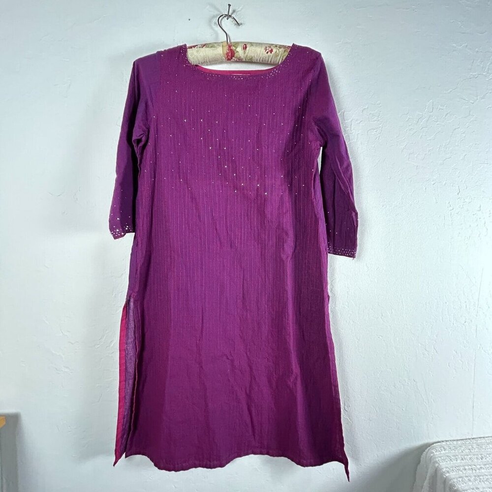 Fabindia Cotton Purple Striped Studded Shift Dress Medium 3/4 Sleeve Side Slits